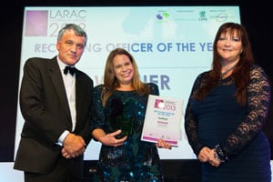 Recycling officer of the Year, Joanna Dixon of Croydon Council, with award sponsor Vicki Hughes of Hadfield Wood Recyclers  and LARAC executive officer Colin Kirkby.